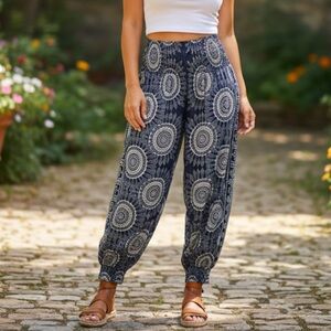Lotus and Luna Santa Barbara Harem Pants Batik Print Balloon Pants Smocked Large